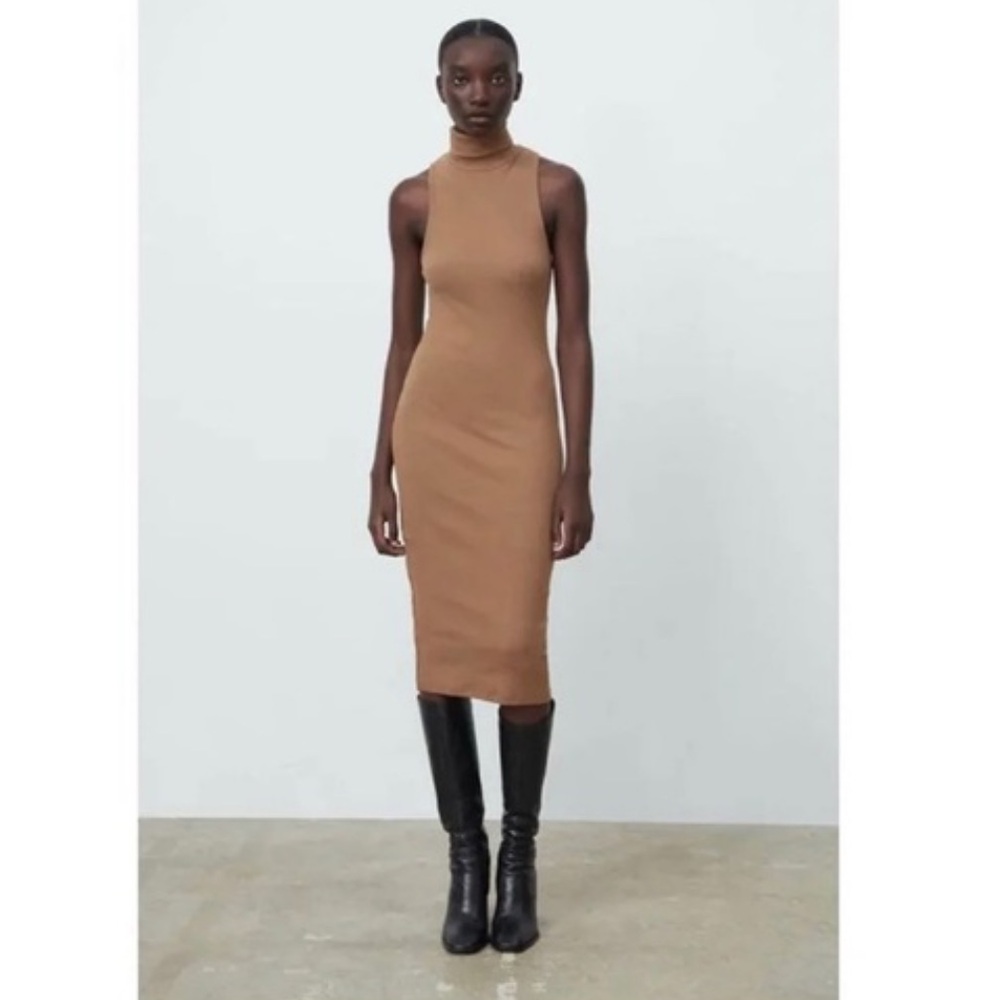ZARA Ribbed Turtleneck Sleeveless Midi Dress Brown Size Small